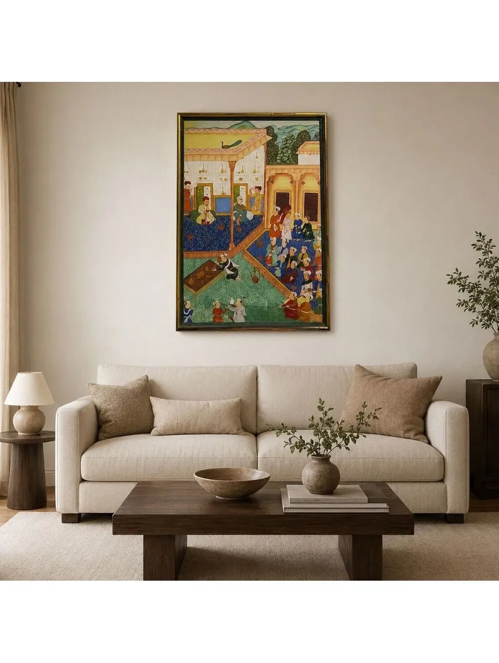 Large Hand Painted Mughal Court Scene Framed Painting Peacock Indian 32x48 inch
